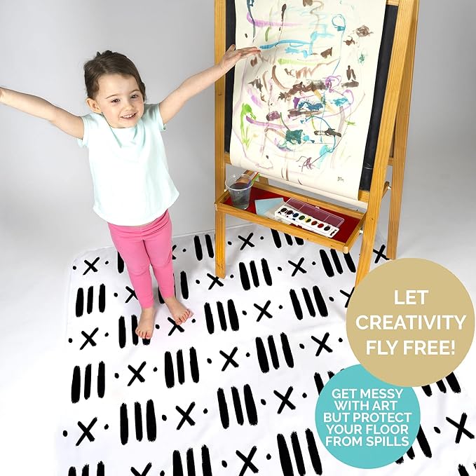 JumpOff Jo - Large Baby Splat Mat for Under High Chair, Booster Seat, Tabletop, Food Catcher - Protect Floor and Carpet from Spills & Crafts - Waterproof and Washable - 51 x 51 inches - Black & White