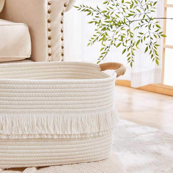 BUBUSUN Storage Bins Woven Baskets for Storage Set of 3, Cotton Rope Basket with Handles for Toys/Shelves/Laundry, Rectangle Multi-Purpose Organizer for Living Room, Bedroom, Nursery (White)