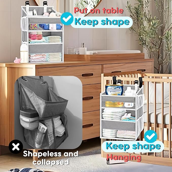 Ofiray-home Hanging Diaper Organizer for Changing Table,Cribs,Car,Playard or Wall & Nursery Organization-Durable 2-Tier Diaper Organizer with Mesh Pockets and Viewable Design, Won't Deform, Light Gray