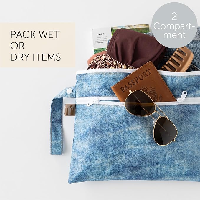 Bumkins Roamio Waterproof Wet Dry Clutch Bag for Baby, Travel, Swim Suit, Cloth Diapers, Pump Parts, Pool, Gym Clothes, Beach, Toiletry, Hook to Stroller, Pack for Daycare, Zip Pack Pouch, Faux Denim
