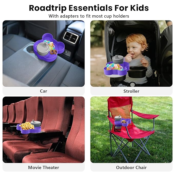 Car Seat Tray - Convert Cup Holder to a Tray for Snacks, Toys, 360° Rotatable for Kids Travel, Booster, Stroller and Anywhere (Purple)