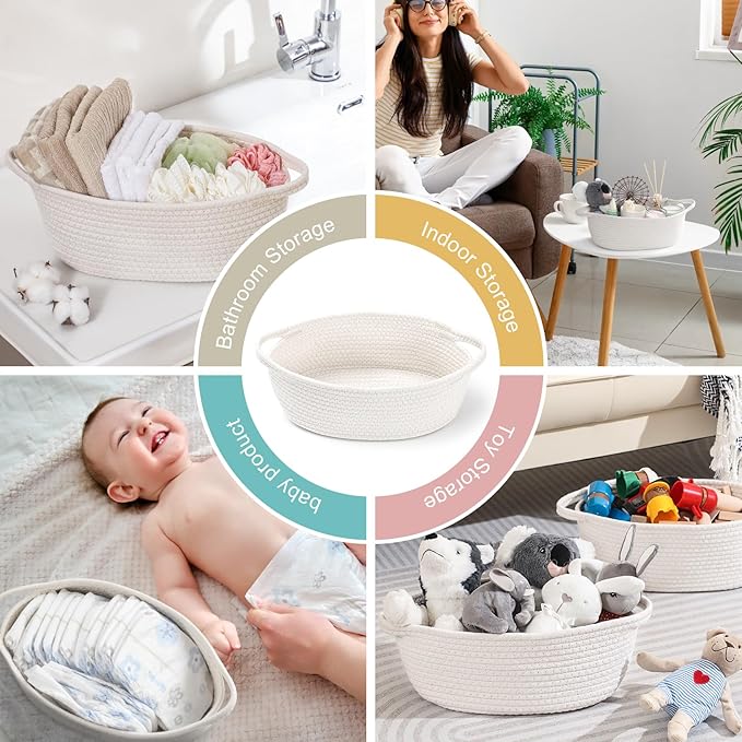 2 Pack Small Woven Basket with Gift Bags and Ribbons, Empty Decorative Gift Chest Box, Cute Baby Gift Basket for Nursery, Cotton Rope Room Shelf Storage Basket with Handles, All 12"x 8"x 5",White