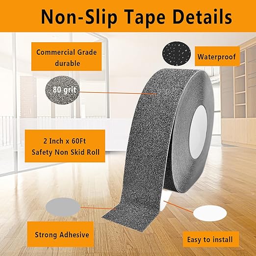 Anti Slip Traction Tape, 2 Inch x 66 Feet Heavy Duty Grey Grip Tape, High Traction 80 Grit Non Skid Tape for Stairs, Waterproof Outdoor Non Slip Tape for Stairs, Tread Step, Indoor, Skateboards