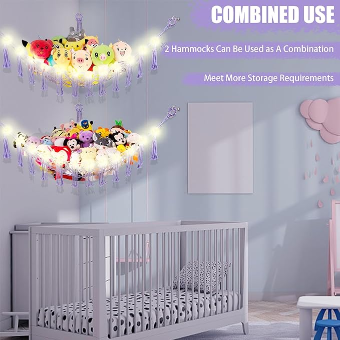 CERETIA Stuffed Animal Hammock with LED Light, Large Stuffed Animals Storage Corner Plushie Net for Kids Room Decor, 2 Packs Purple
