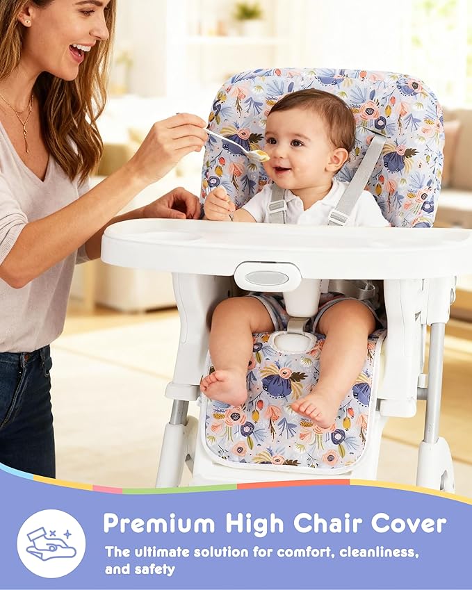 Baby High Chair Cover 2-in-1 Reversible, Includes 5-Point Harness Strap, Waterproof & Soft Side High Chair Pad Cushion, Machine Washable, Extra Thick Highchair Protector-Blue