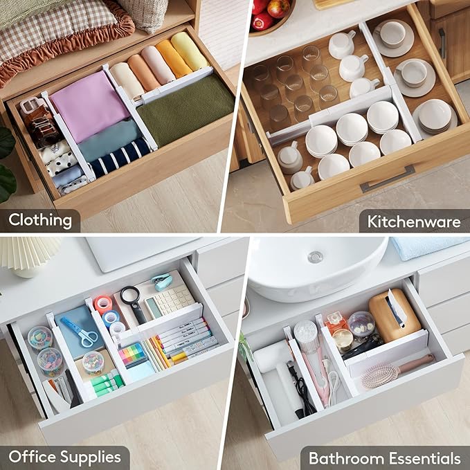 Lifewit 8 Pack Drawer Dividers 4" High, 11-17" Adjustable Dresser Drawer Organizers for Clothes, Expandable Drawer Separators in Kitchen/Bedroom/Bathroom/Vanity/Office Organization and Storage, White