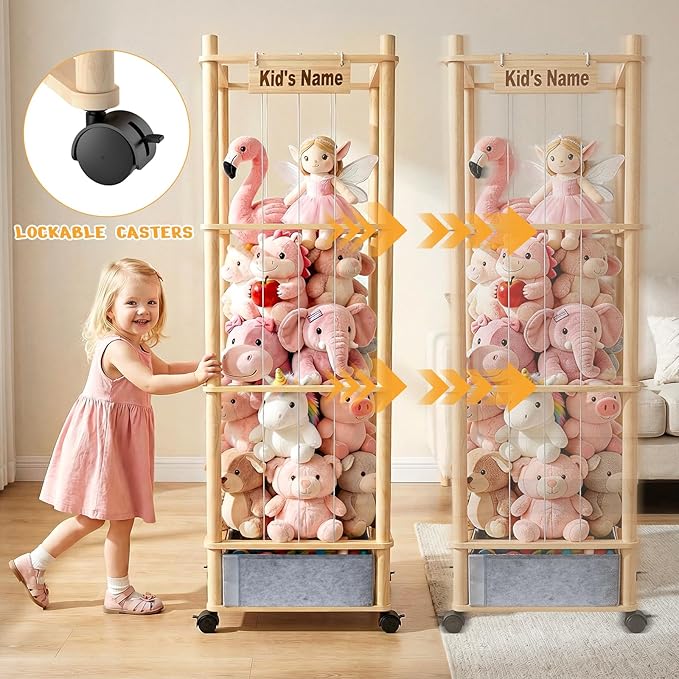 Stuffed Animal Storage with Toys Tray, 57In Large Wooden Stuffy Plushies Storage Holder Extra Large Capacity Stuffed Animals Zoo Organizer for Toddler Rooms, Playrooms & Bedrooms (Toys Tray & Wheels)