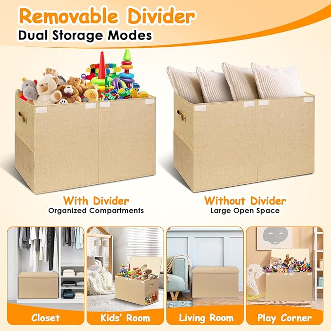 Fineonly Large Toy Storage Box with Lid Upgraded Toy Chest Organizer with Removable PP Divider Foldable Toy Bin for Kids Boys Girls Linen Fabric Toy Box for Playroom Nursery Bedroom (25"x13"x16")
