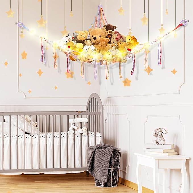 CERETIA Stuffed Animal Hammock with LED Light, Large Stuffed Animals Storage Corner Plushie Net for Kids Room Decor, Jumbo Rainbow