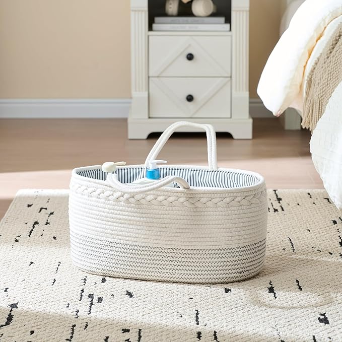 luxury little Diaper Caddy Organizer, Large Cotton Rope Nursery Baby Basket, Changing Table Organizer for Baby Diaper Storage, Portable Car Organizer Removable Divider (Off White, Large)