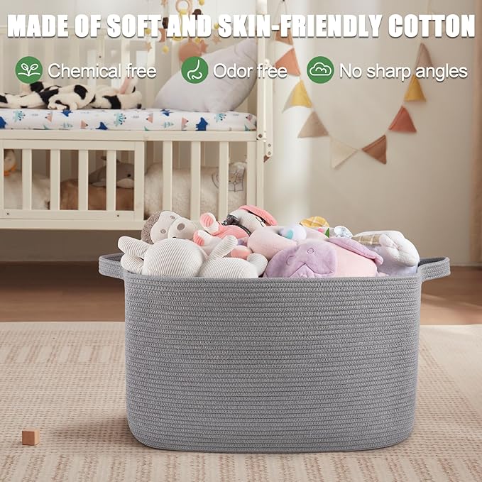 SIXDOVE 95L Large Storage Basket, Cotton Rope Woven Blanket Basket, Nursery Storage for Baby Room, Living Room, 24" x 16.9" x 14.2", Light Grey