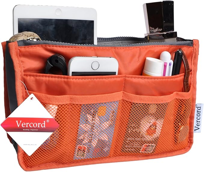 Vercord Purse Organizer Insert for Handbags Bag Organizers Inside Tote Pocketbook Women Nurse Nylon 13 Pockets Orange Small