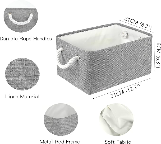 LordCom Storage Bins with Sturdy Cotton Handles(1 Pack), Fabric Storage Baskets for Organizing use for Office & Home, Book, Clothes, Toys, Closet Boxes (Small, Grey, 12.2x8.3x6.3 inches)