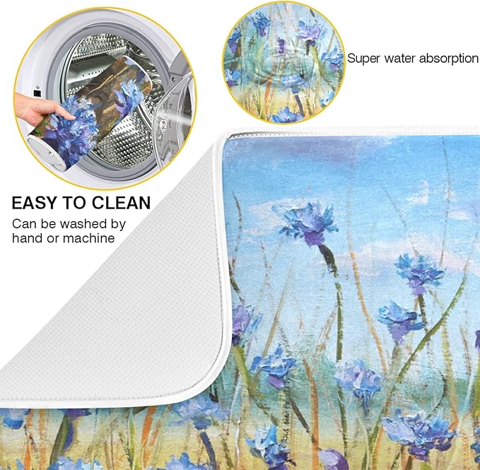 Absorbent Dish Drying Mat for Kitchen Counter - Oil Painting Flowers Microfiber Drying Pad, Reversible Drainer Mats for Countertop, Large 18" x 24"
