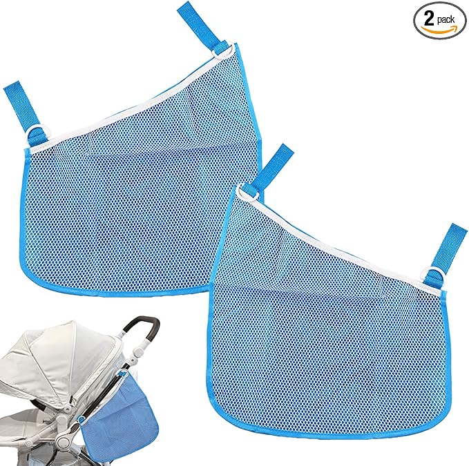 LiXiongBao 2 Pcs Side Sling Stroller Cargo Net,Universal Stroller Organizer Attachment Bag for Storage,Non-Slip and Adjustable Straps Portable Side Sling Storage Mesh Organizer(Blue)