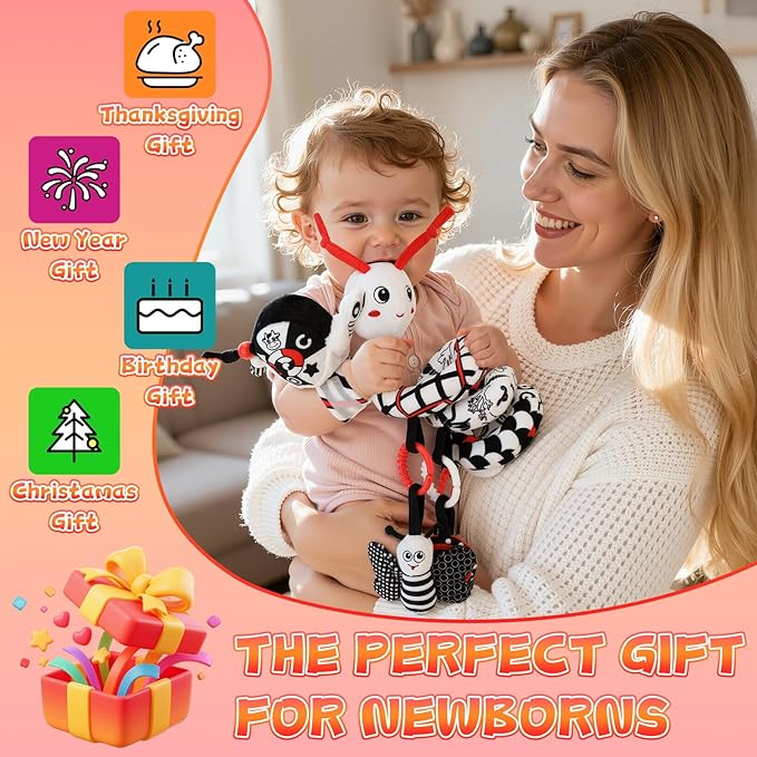 High Contrast Baby Toys for Newborn, Black and White Baby Sensory Toys 0-12 Months with Car Seat Toys & Soft Plush Toy, Activity Hanging Toys Velcro for Stroller Toys Baby Gifts