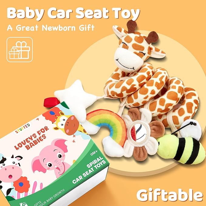 Stuffed Spiral Car Seat Baby Toys 0-6 Months, Infant Giraffe Sensory Toys Hanging Stroller Accessories, Newborn Shower Gifts for Baby Boys Girls Essentials | Cute Colorful Giraffe