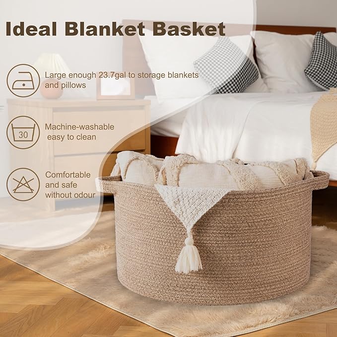 OIAHOMY 90L Blanket Basket for Living Room, Large Basket 23" x 23" x 13" with Handle, Laundry Hamper for Blankets, Pillows, Toy Storage for Kids, Dogs - Brown