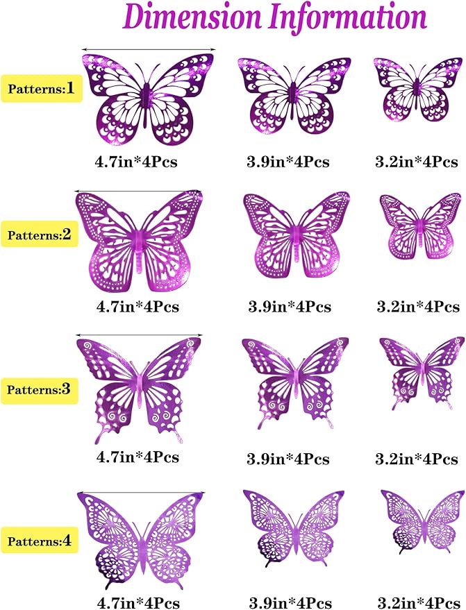 JOSDIOX 3D Puple Butterfly Wall Stickers - 48 Pcs with 4 Styles & 3 Sizes, Removable Decor for Party Birthday Wedding Cake Balloon Decoration (48 Puple)