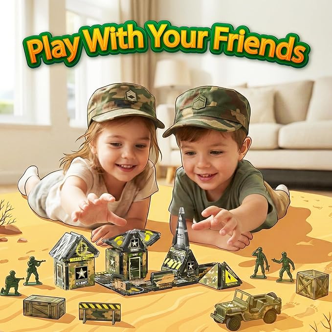 Maginoo 42PCS Mini Magnetic Tiles Army Base Travel Set with Iron Box STEM Educational Military Building Blocks Magnetic Construction Toy for Kids Ages 3 to 8 Creative Gift for Boys and Girls