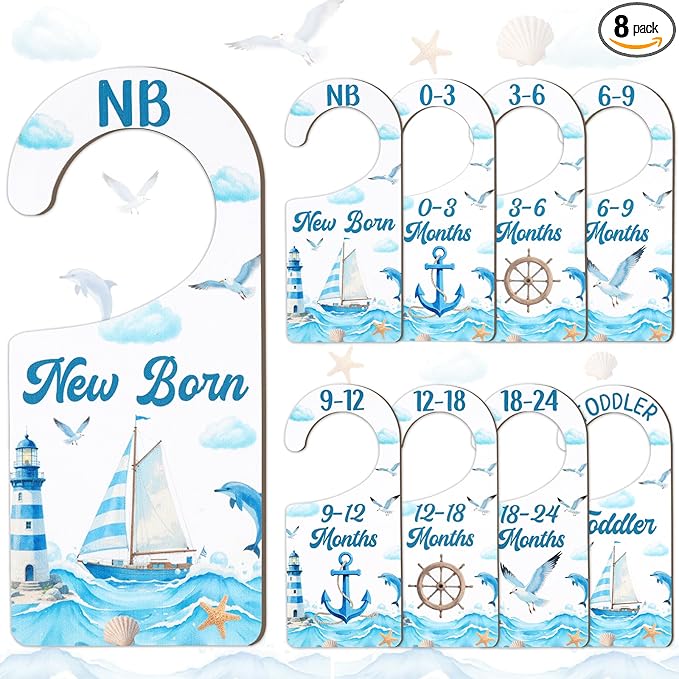 Baby Closet Dividers 8PCS, Nautical Themed Wooden Double-Sided Clothes Size Hanger/Organizer from Newborn to Toddler for Nursery Decor Baby Shower Birthday Gender Reveal Party Gift