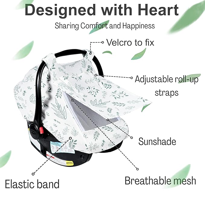 Summer Muslin Car Seat Cover Baby Girls Boys,Infant Carseat Covers with Breathable Window,3 Adjustable Modes, Lightweight Car Seat Sun Shade Cover for Babies,Green Leaf