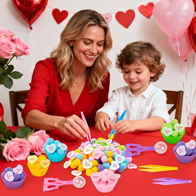 EZdhuawuse Valentines Sensory Bin Fillers - 268P Valentine’s Day Gift Fine Motor Toy Counting Sorting Set for Kid, Felt Conversation Heart Colorful Pom Poms Cup Clip for Preschool Education Activities
