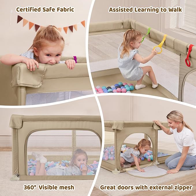 Dripex Large Baby Playpen 71×59 Inch, Large Playpen for Babies and Toddlers- Indoor & Outdoor Kids Safe Play Yard, Soft Breathable Visible Mesh, Anti-Fall & Anti-Slip Design Baby Fence, Khaki