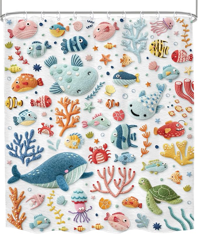 Kids Ocean Printed Shower Curtain 60Wx72H Print Funny Whale Cartoon Cute Underwater Coastal Fish Sealife Animal Coral Turtle Bathroom Decor Boy Girls Bath Curtain Fabric Polyester 12 Pack Hooks