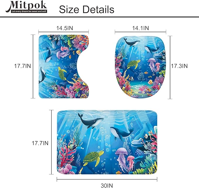 4 PCS Ocean Beach Shower Curtain Set 72Wx72H Sea Whale Turtle Nautical Bathroom Set Non-Slip Bath Rug Toilet Lid Cover U Shape Mat Complete Bathtub Accessories with 12 Hooks Bathroom Decor