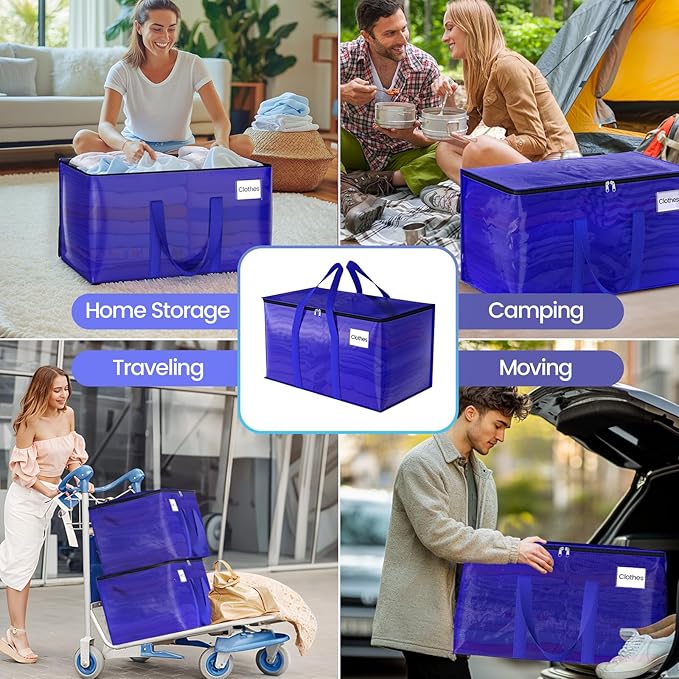 Moving Storage Bags, Moving Supplies Packing Boxes for Moving, Camping, College Dorm Room Essentials for Girls, Blue Tote Bags, Heavy-Duty Storage Bins With Lids And Zippers, 125L 2 Pack