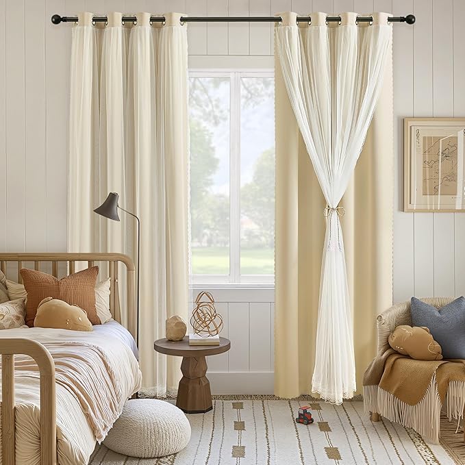 XiDi Beige Blackout Curtains with Sheer Overlay for Bedroom 2 Panels 63 Inches Long Double Layer Curtains with Lace Hem for Kids Girls Room Decor Thermal Insulated Grommet Short Window Drapes W52XL63