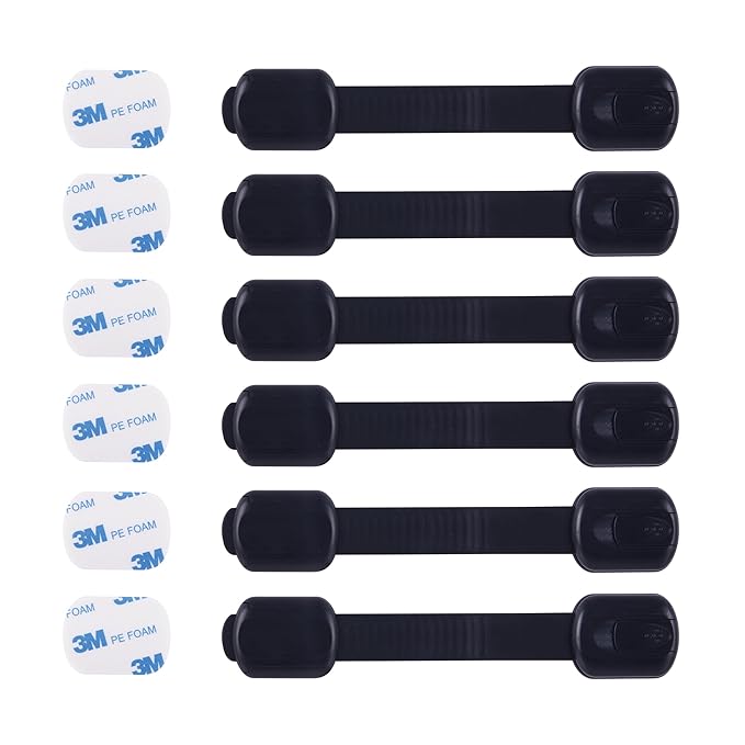 CUTESAFETY - Child Safety Cabinet Locks (6 Pack) – Adjustable Baby Proofing Strap Latches with Strong 3M Adhesive – No Drill Childproof Locks for Drawers, Cabinets, Fridge, Door, Closet, Black