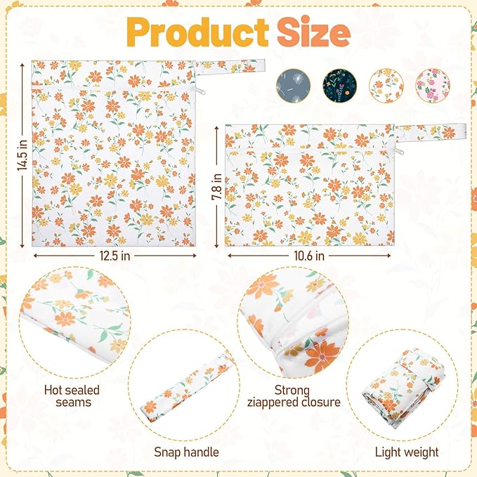 Reginary 8 Pack Wet Dry Bags Waterproof Reusable Travel Zipper Pouch for Baby Cloth Diapers, Swimsuits, Wet Clothes, Toiletries, Beach, Pool, Yoga Gym Bag, 2 Sizes (Flower Style)
