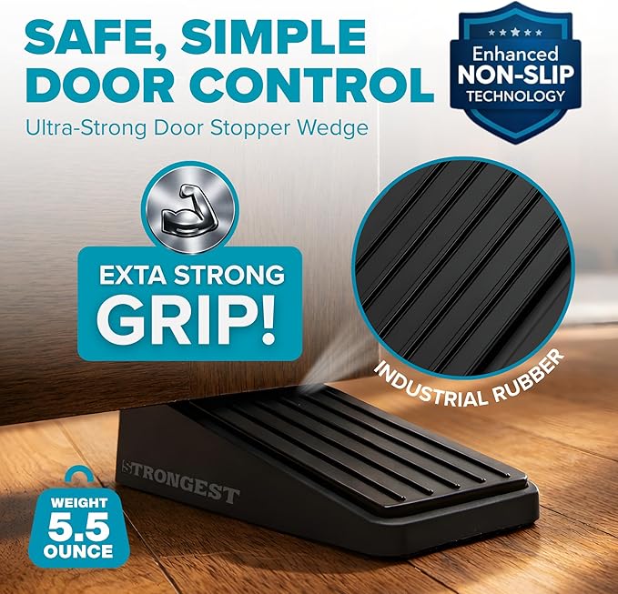 Strongest Home Heavy Duty Door Stopper Wedge (2 Black PCs) | Non-Slip Rubber and Metal Door Stop for Heavy Doors| Work on Wood, Tile, Carpet + 2 White Wall Protectors