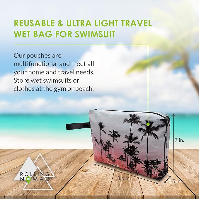 Rolling Nomad Tyvek Zippered Pouch, Wet Swimsuit Bags, Wet & Dry Reversable Pouch, Travel, Toiletry, Pool, Beach Essentials, Waterproof, Summer Must Haves, 11.5x8.5x2 Inch, (Medium)