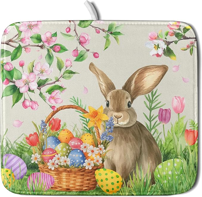 Easter Bunny Colorful Eggs Dish Drying Mat for Kitchen Counter,Spring Flowers Green Grass Drying Mat 16 x 18 Inch with High Absorbent Microfiber Drainer Mat for Coffee Bar