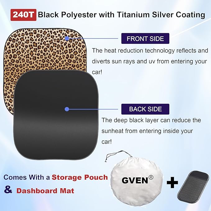 Gven Windshield Sun Shade 2pcs with Bonus Car Sunshade for Front Window Shades 2025 Technology Reflect UV and Heat Sun Visor Automotive Interior Sun Protection (Leopard, S)