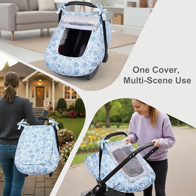 FIOBEE Baby Car Seat Cover, Car Seat Covers for Babies Infant Car Seat Canopy with Breathable Mesh Window Waterproof Carseat Cover for Babies Boy Girl 4 Seasons, Ice Blue Floral