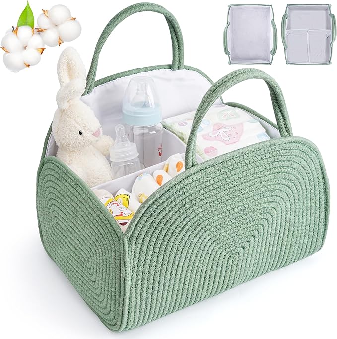 Diaper Caddy Organizer for Baby, Cotton Rope Baby Gift Basket, Portable Diaper Organizer for Changing Table, Diapers Nursery Storage Organizer for Travel, Camping, Green Baby Shower Gifts for Newborn