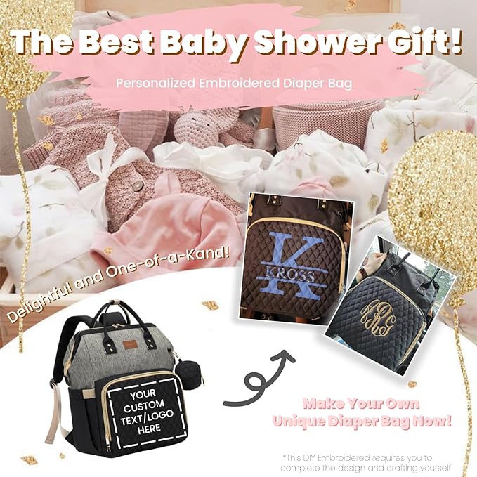 ROSEGIN Diaper Bag Backpack with Changing Pad, Pacifier Case, Baby Bag for Boy Girl Toddler - Large, Stylish, Waterproof Travel Quilted Diaper Bag for Mom - Baby Shower - Black Grey