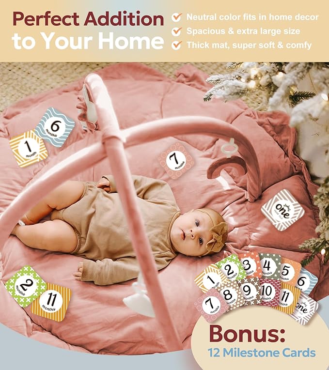 Mallify 5-in-1 Thick Plush Baby Play Gym Mat, Tummy Time Mat with 6 Sensory Toys, Baby Play Mat, Convertible Baby Gym for Stage-Based Development from Babies to Toddlers, Baby Essentials Gift, Pink