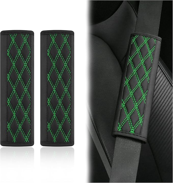 2PCS Car Seat Belt Cover Pads,Leather Seatbelt Covers Protect Shoulder and Neck Car Accessories Interior,Universal Car Seat Strap Pads Car Decorations for Most Cars Trucks (Black/Green)