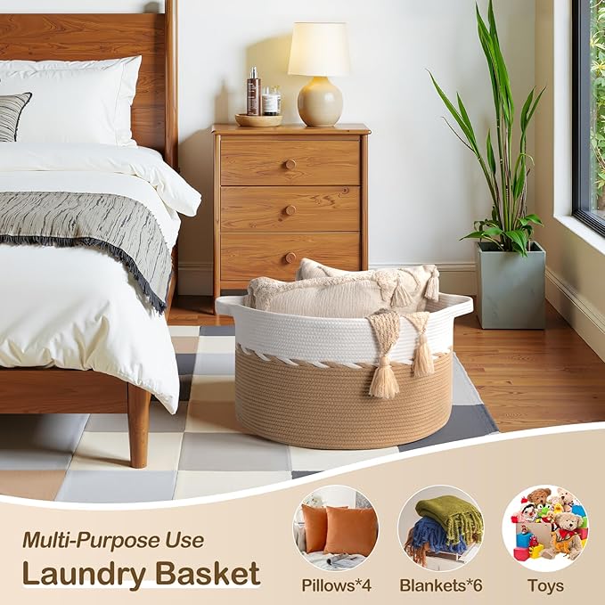 OIAHOMY 90L Blanket Basket for Living Room, Large Basket 23" x 23" x 13" with Handle, Laundry Hamper for Blankets, Pillows, Toy Storage for Kids, Dogs - Yellow & White