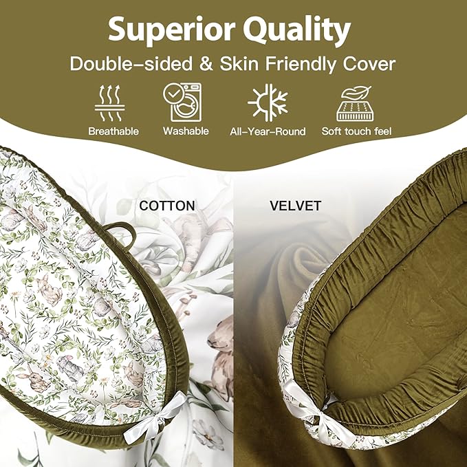 Baby Lounger-Breathable and Soft Organic 100% Cotton, Portable Infant Lounger with Removable Lounger Cover, Baby Nest Lounger for Newborn - Green Rabbit
