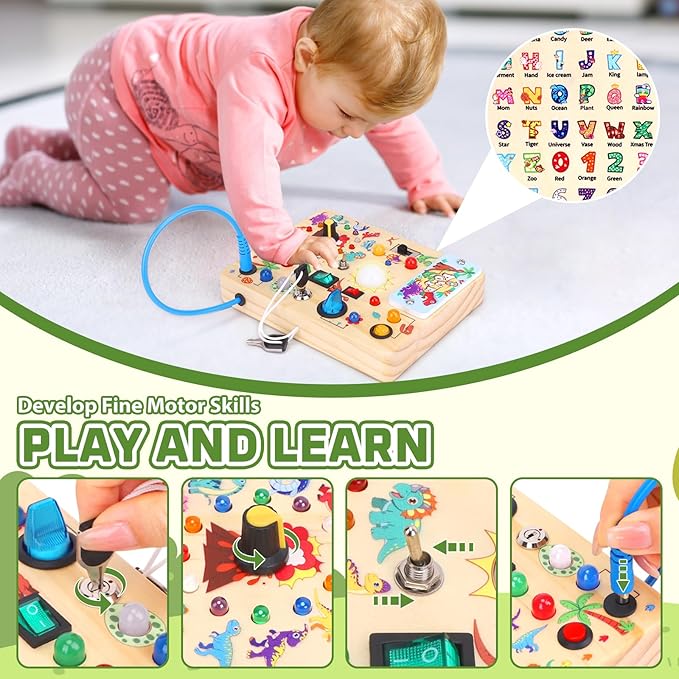 Grarain Busy Board for Toddlers - Montessori Educational Toy for 1-3 Year Old Boys & Girls | Travel-Friendly Sensory Learning Activity | Ideal for Kids with Autism(Dinosaur Busy Board)