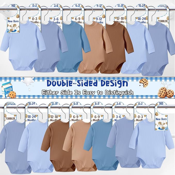 Baby Closet Dividers 8PCS, Milk and Cookies Themed Wooden Double-Sided Clothes Size Hanger/Organizer from Newborn to Toddler for Nursery Decor Baby Shower Birthday Gender Reveal Party Gift