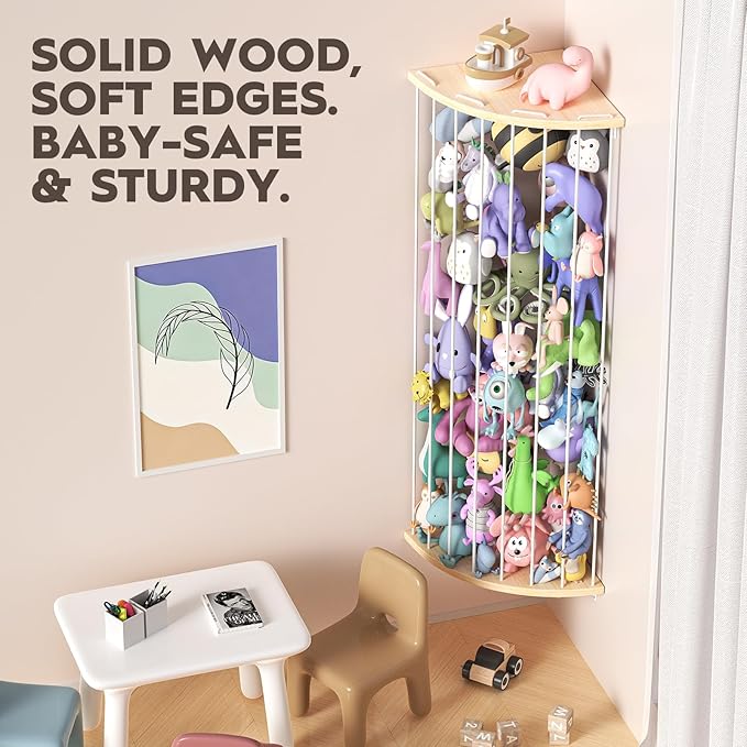Corner Stuffed Animal Storage Zoo, Large Adjustable Solid Wood Plush Toy Organizer, Hanging Stuffie Holder Shelf & Cage with Engraved Dinosaur Star Moon for Kids Nursery Playroom