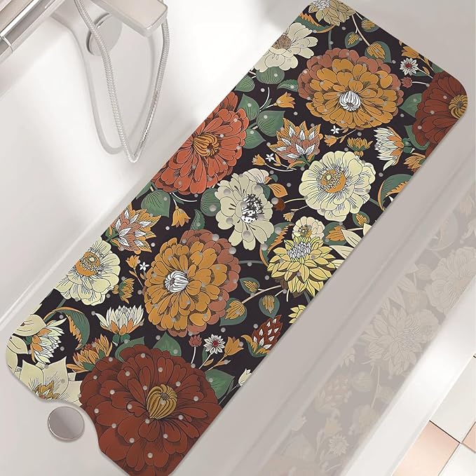 Non Slip Bathtub Mat, Bohemian Flower Bath Mat for Tub, Extra Long Bathtub Mat Shower Mat with Suction Cups and Drain Holes for Elderly Kids Toddler Baby 40 X 16 Inch