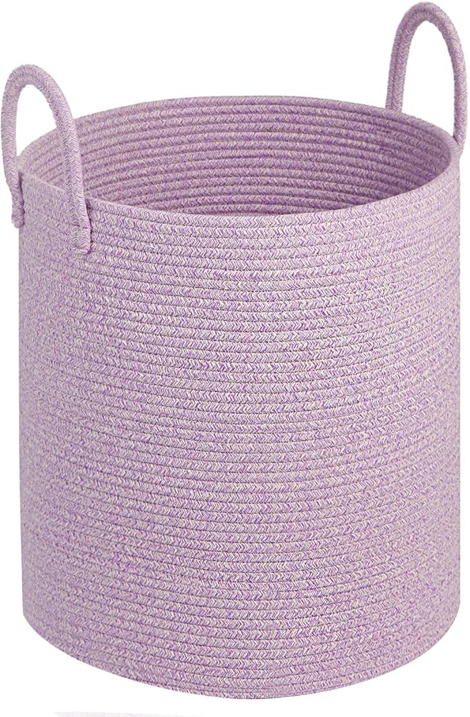 Girl Laundry Basket,Laundry Hamper,15''x18'' Cotton Rope Storage Basket for organizing,Tall Woven Blanket Basket for Living Room,Nursery Hamper,Baby Toy Laundry Bin (Light purple)